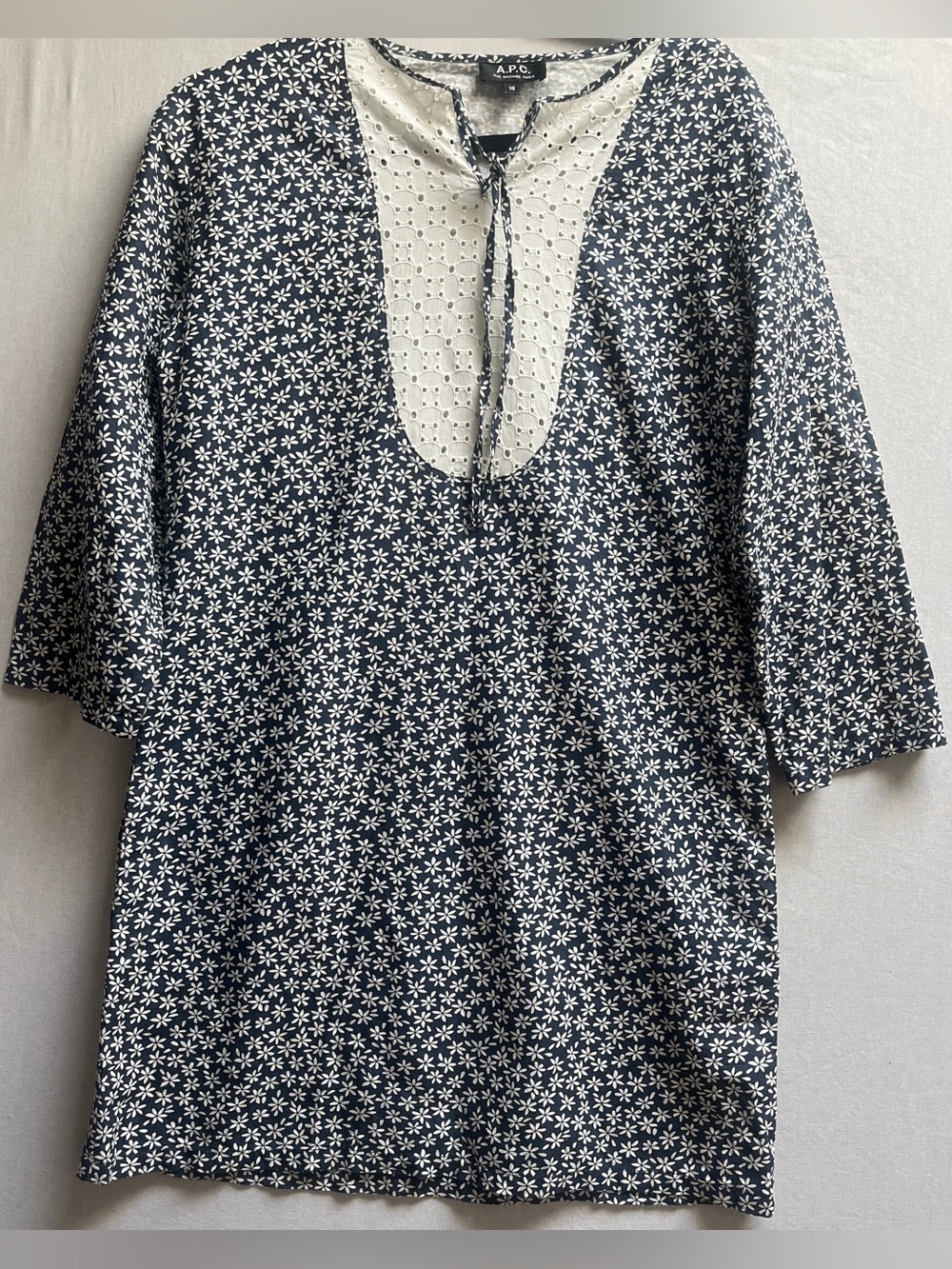 A.P.C. Navy & Cream Floral Eyelet Yoke Tunic Dress Size 4